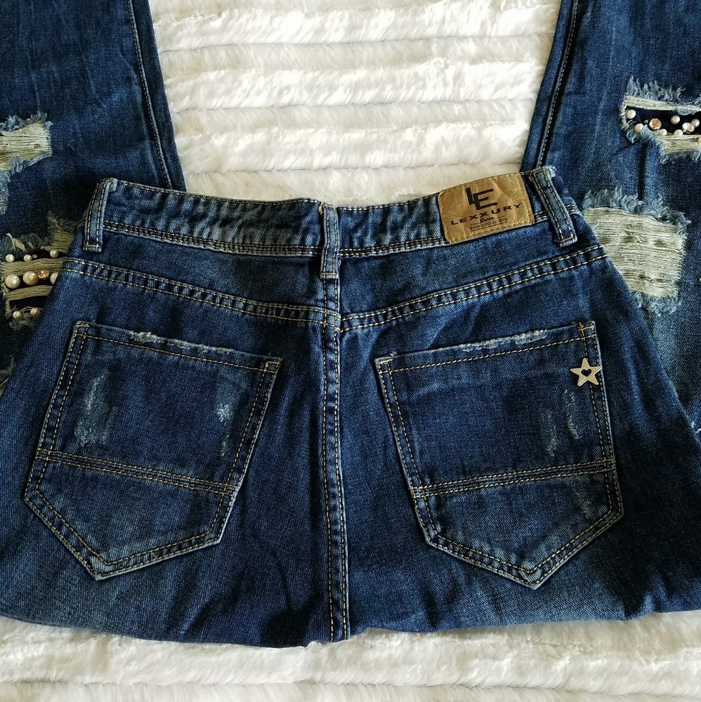 LAST 1! Pearl & rhinestone distressed jeans - sz.8 - Picture 6 of 7